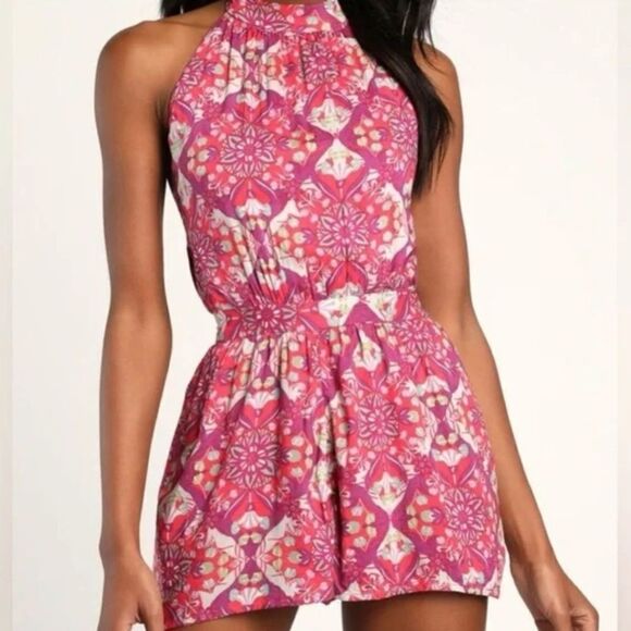 Free People Coral Tides Pink Print High Neck Tie-Back Sleeveless Romper Boho - Picture 1 of 12